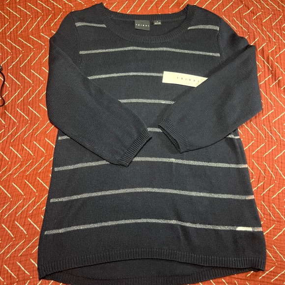 Tribal Sweaters - Tribal Navy Blue White Stripe Knit Sweater Pullover Top Size S